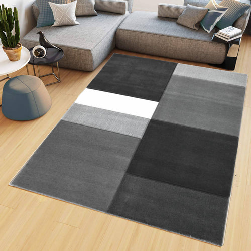 Grey Carved Patchwork Living Room Rug - Mora