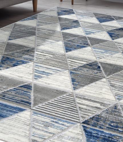 Blue Carved High Shine Geometric Rug - Holm