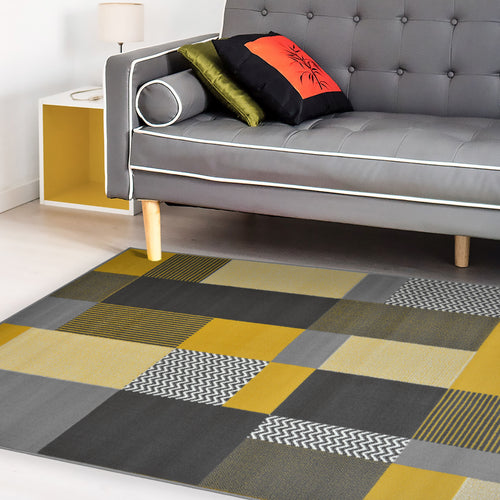 Ochre Patchwork Living Room Rug - Islay