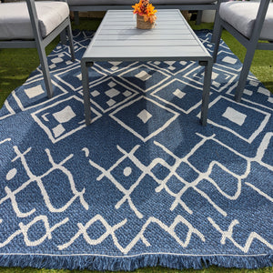 Navy Fringed Flatweave Outdoor Garden Rug - Casa