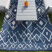 Load image into Gallery viewer, Navy Fringed Flatweave Outdoor Garden Rug - Casa