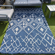 Load image into Gallery viewer, Navy Fringed Flatweave Outdoor Garden Rug - Casa