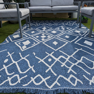 Navy Fringed Flatweave Outdoor Garden Rug - Casa